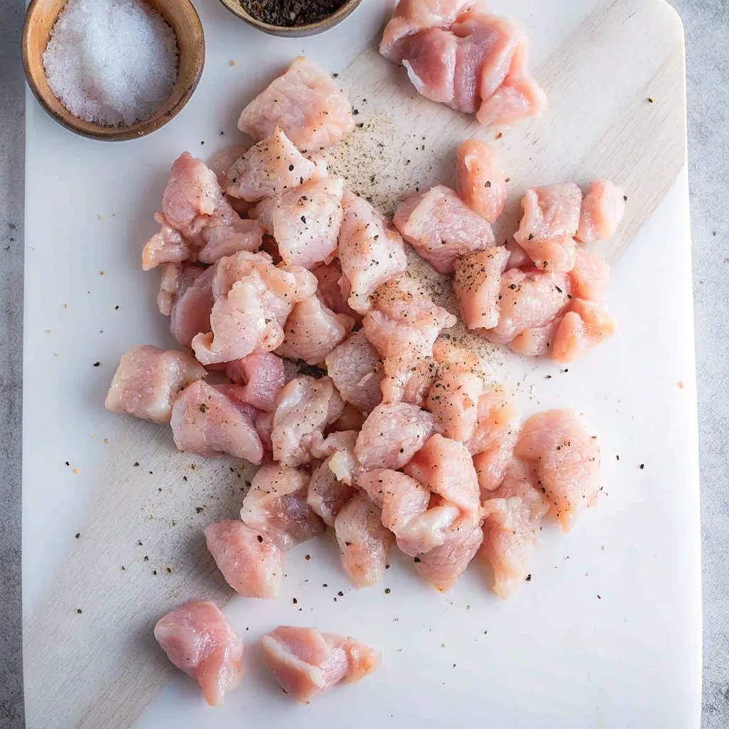 Freshly cubed raw chicken pieces spread across a white marble cutting board, lightly seasoned with salt and black pepper from nearby wooden bowls.