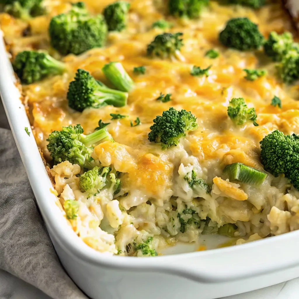 easy chicken broccoli rice casserole, rice in a white baking dish, containing bright green broccoli florets baked in a creamy rice mixture with melted golden cheddar cheese.