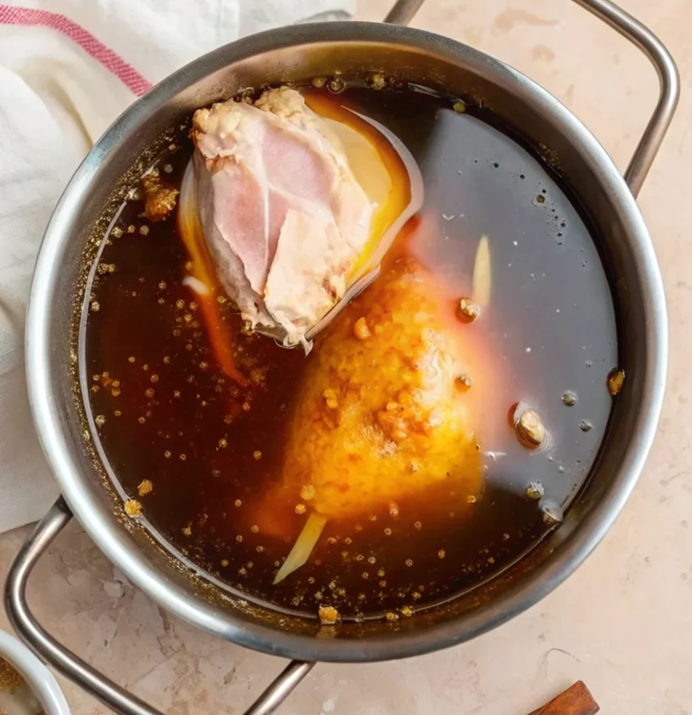 Pieces of chicken and aromatics simmering in a dark, flavorful soy-based broth inside a stainless steel pot, illustrating the process of building the base for the dish.