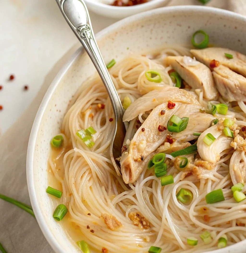 A close-up of chicken long rice recipe featuring clear bean thread noodles, tender shredded chicken, and sliced green onions in a savory broth, served in a speckled ceramic bowl.