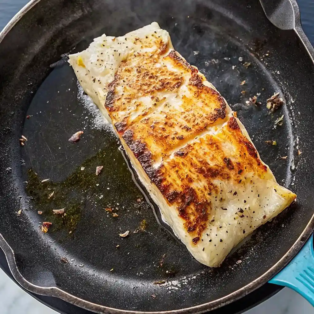 Golden-seared halibut fillet sizzles in a cast-iron skillet. The flaky white fish features a crisp, caramelized crust seasoned with cracked black pepper, prepared perfectly for fresh, flavorful fish tacos.