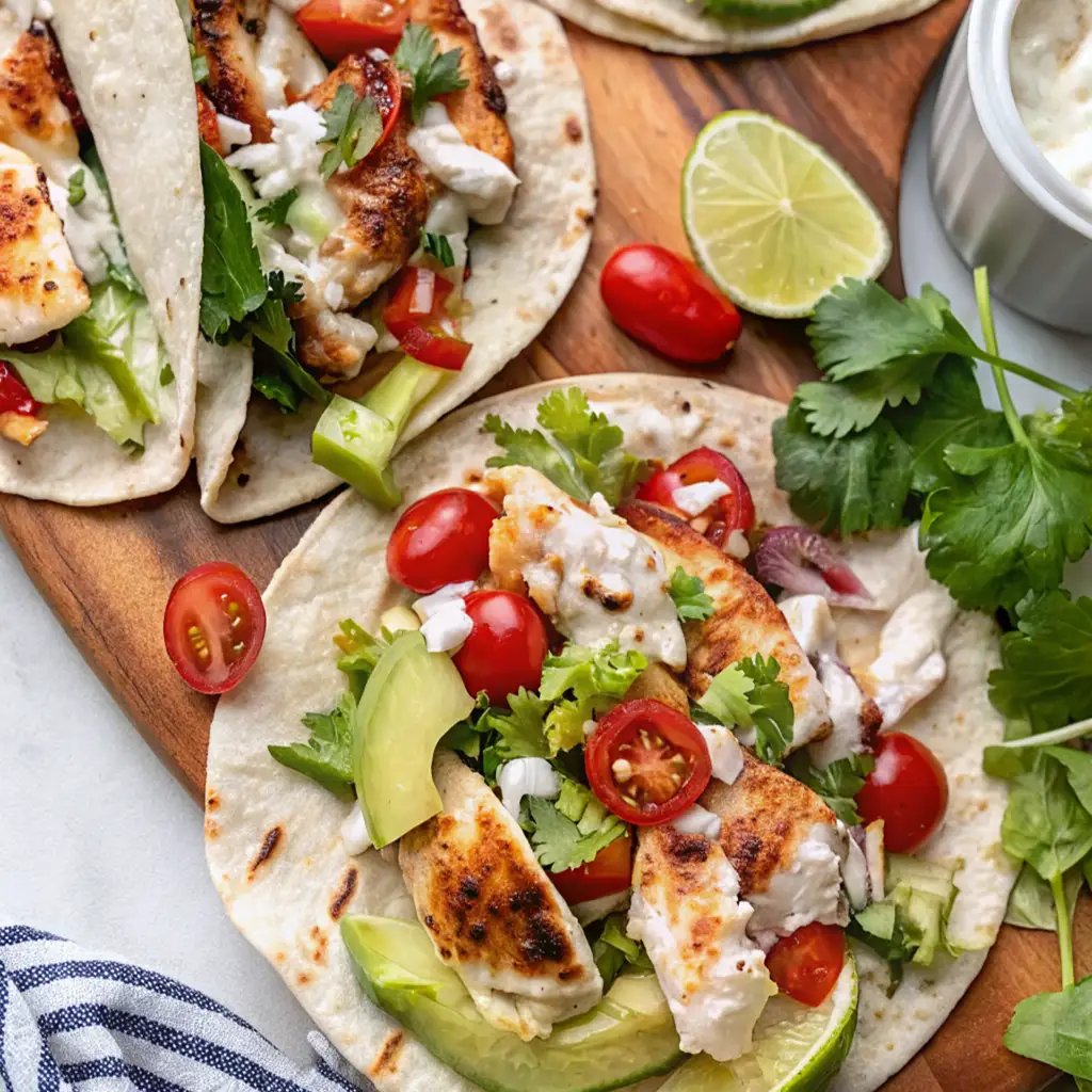 Fresh halibut tacos on flour tortillas, topped with vibrant cherry tomatoes, sliced avocado, fresh cilantro, and a creamy white sauce. Served on a wooden board with lime wedges.