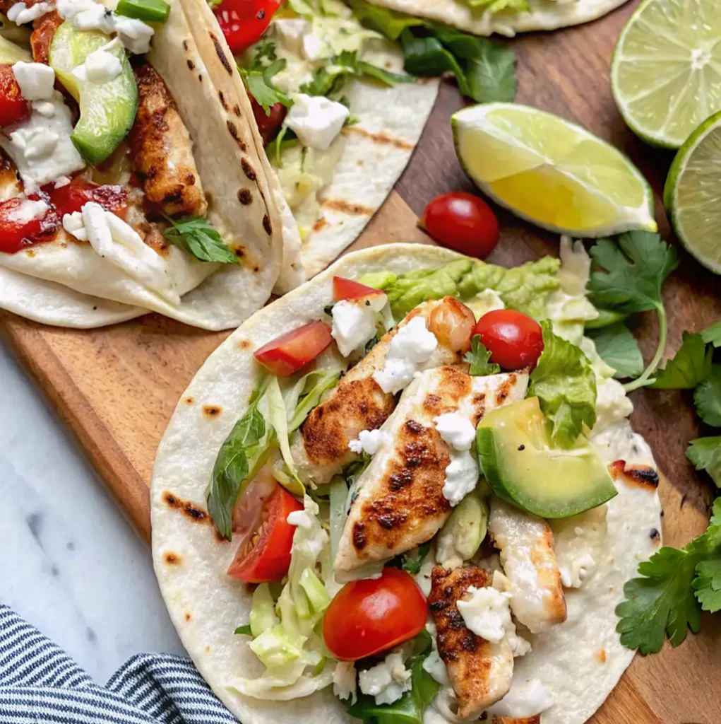 Fresh halibut tacos on flour tortillas, topped with vibrant cherry tomatoes, sliced avocado, fresh cilantro, and a creamy white sauce. Served on a wooden board with lime wedges.