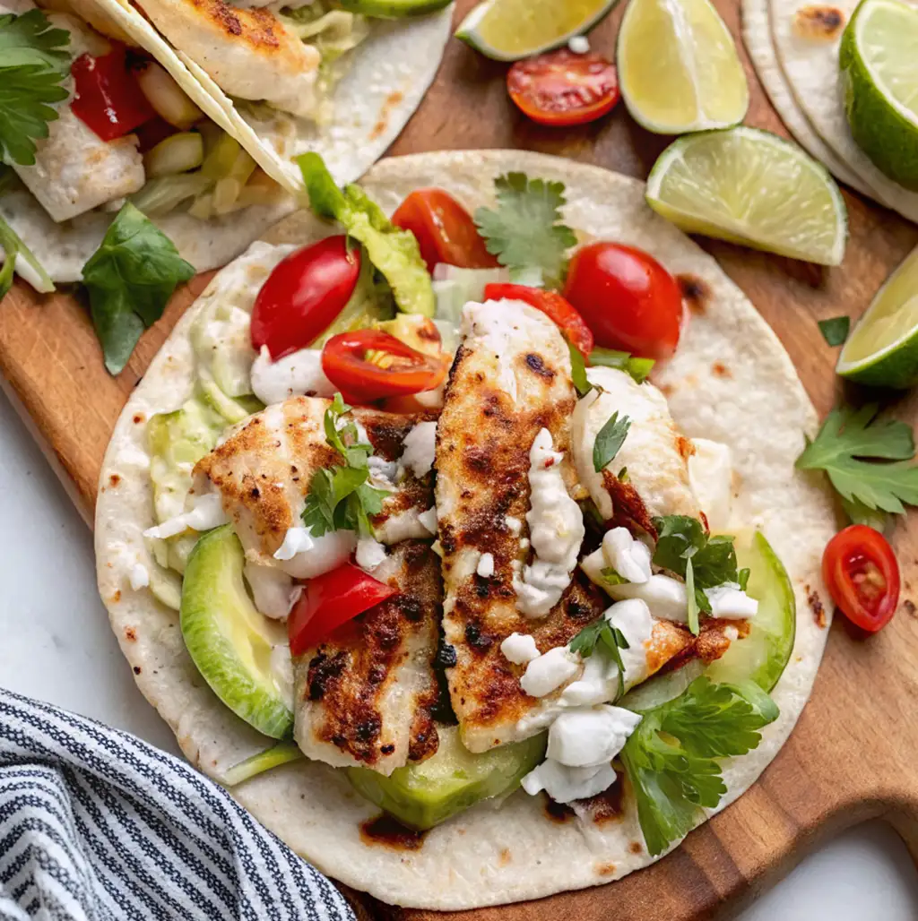 Fresh halibut tacos on flour tortillas, topped with vibrant cherry tomatoes, sliced avocado, fresh cilantro, and a creamy white sauce. Served on a wooden board with lime wedges.