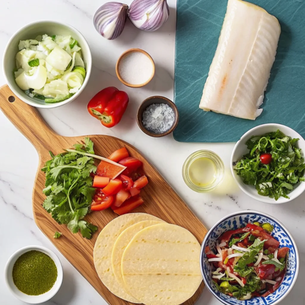 halibut taco ingredients including fresh fish, corn tortillas, chopped tomatoes, cilantro, onions, and various spices arranged neatly on a white marble counter.