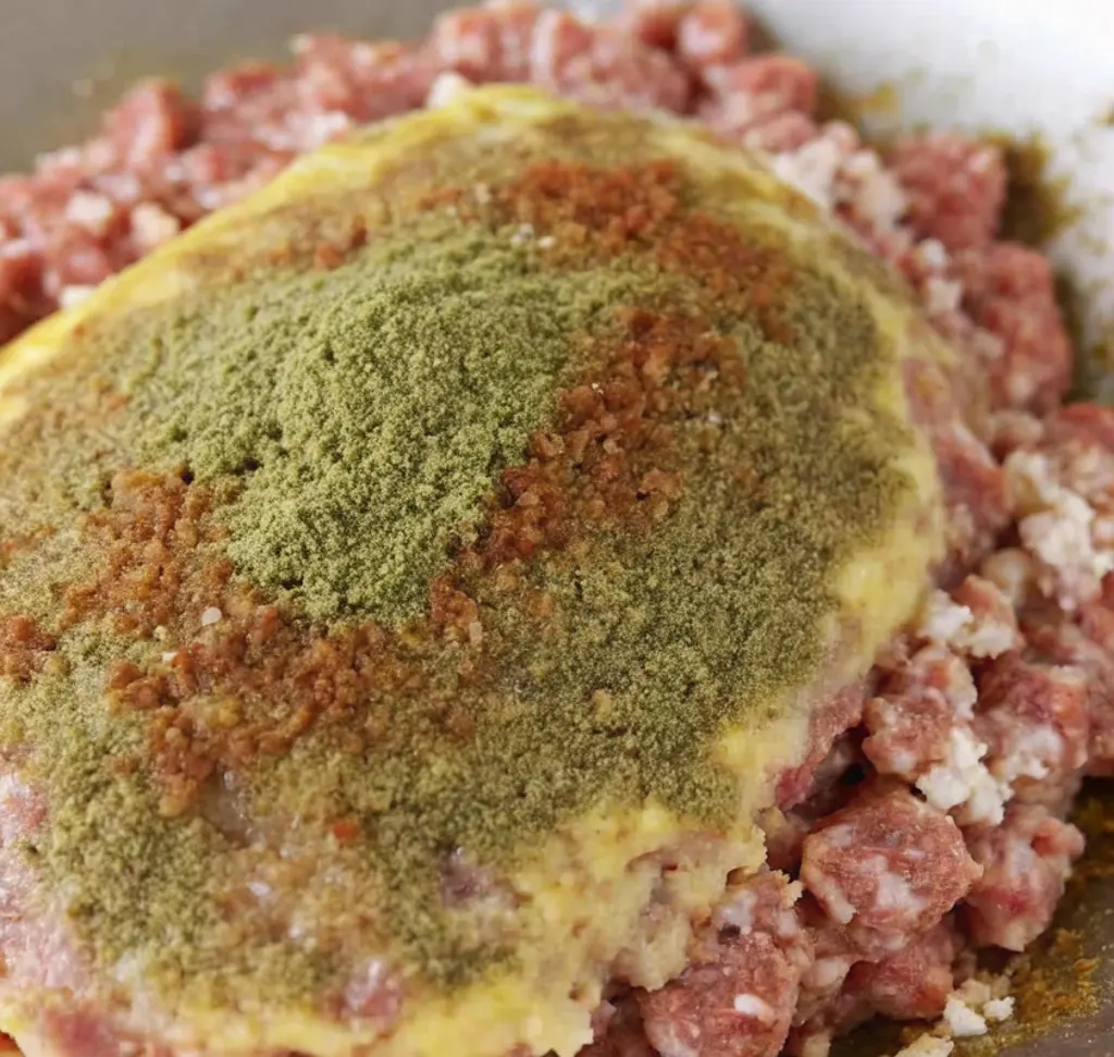 A mound of raw, ground beef is topped with a layer of pale rusk and a generous dusting of green dried herbs and brown spices, ready for mixing into Irish sausages.
