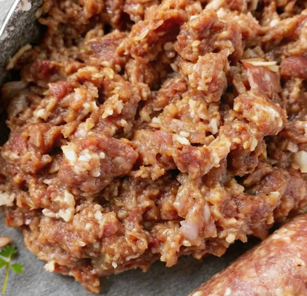 A close-up of seasoned Irish sausage meat, showing a coarse, textured blend of ground beef, white fat flecks, and savory spices, with a filled sausage casing visible in the corner.