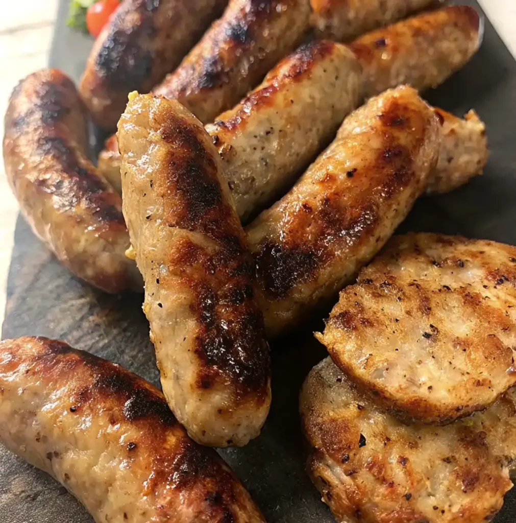 A platter of browned, pan-fried Irish sausages and sliced patties, featuring a glistening, golden-brown charred exterior and a succulent, herb-flecked interior, ready for a traditional breakfast.