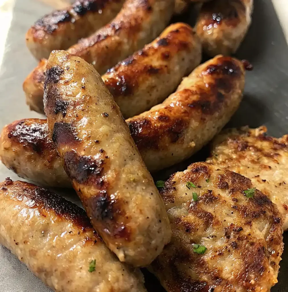 A platter of browned, pan-fried Irish sausages and sliced patties, featuring a glistening, golden-brown charred exterior and a succulent, herb-flecked interior, ready for a traditional breakfast.