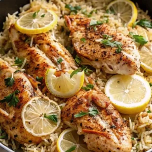 A vibrant meal of lemon and chicken rice, beautifully garnished with fresh parsley and numerous bright lemon wheels tucked between the chicken pieces.