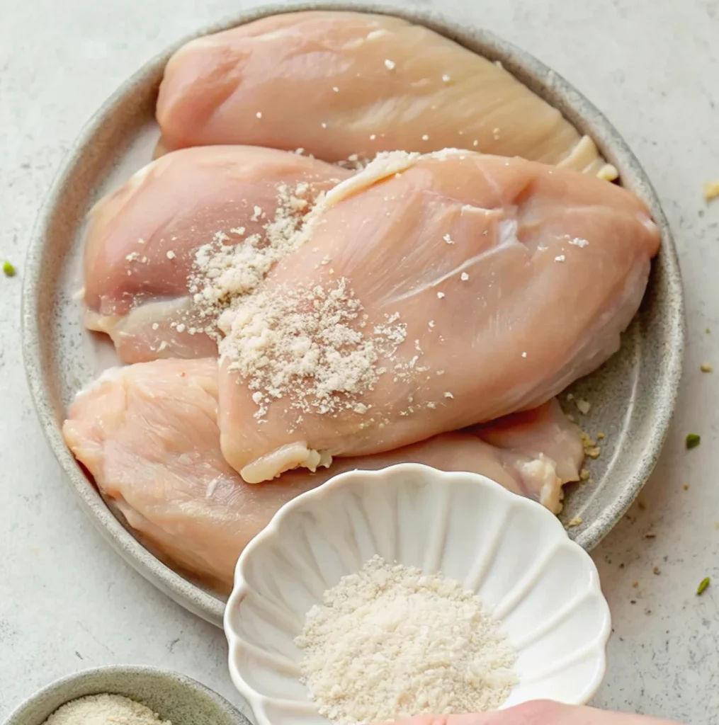 Raw chicken breasts on a plate, seasoned with salt and pepper, from a small bowl with wavy edges held in the hand.