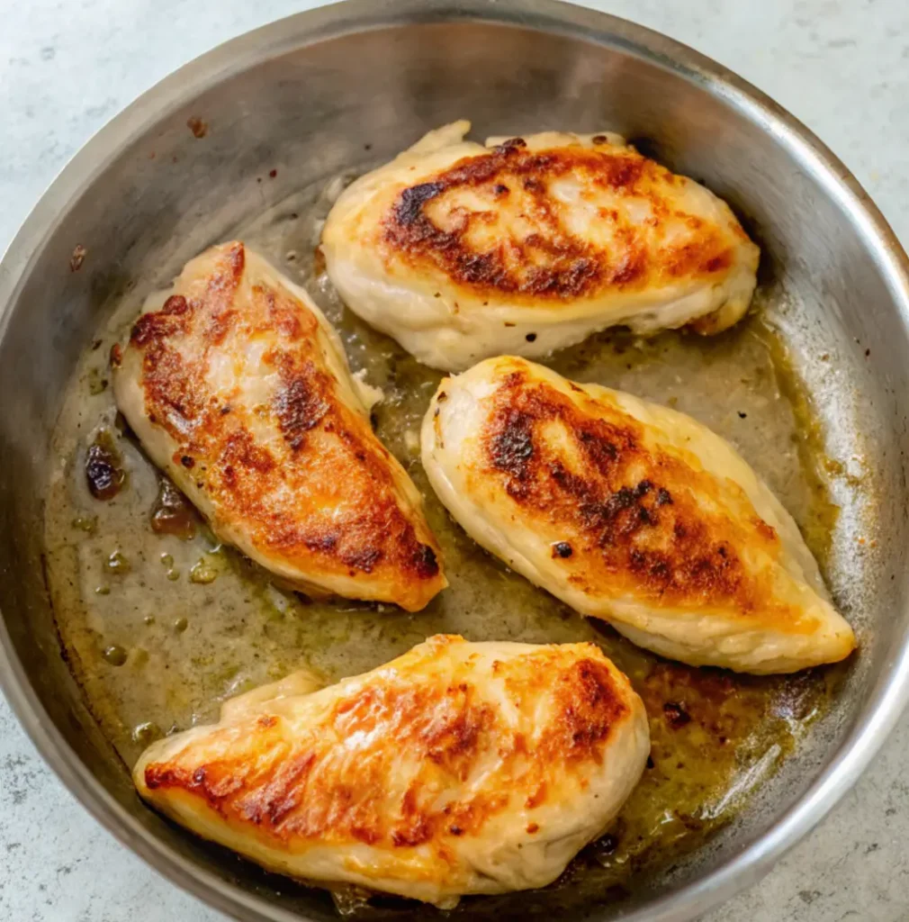 Four golden-brown, seared chicken breasts sizzling in a stainless steel skillet. The chicken has a crispy, caramelized crust and sits in a light shimmering of oil or cooking juices.