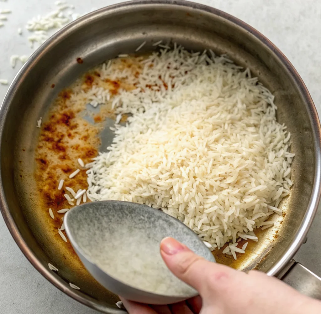 Long-grain white rice is poured into the same skillet used for the chicken. A hand holds a small bowl, spreading the dry rice over the flavorful, browned remnants and oil.