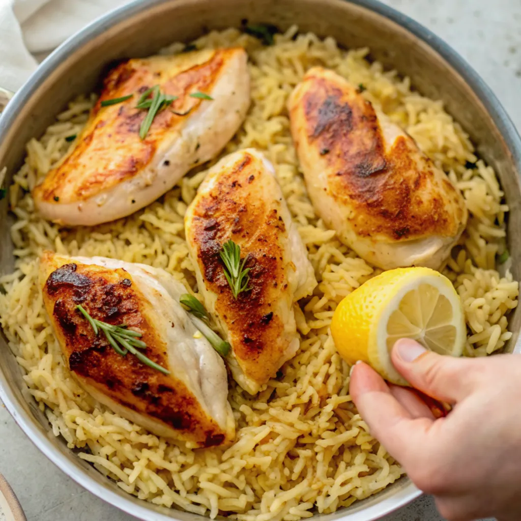 Place the grilled chicken breasts on top of the cooked, fluffy yellow rice. Squeeze fresh lemon juice over the dish and garnish with rosemary.