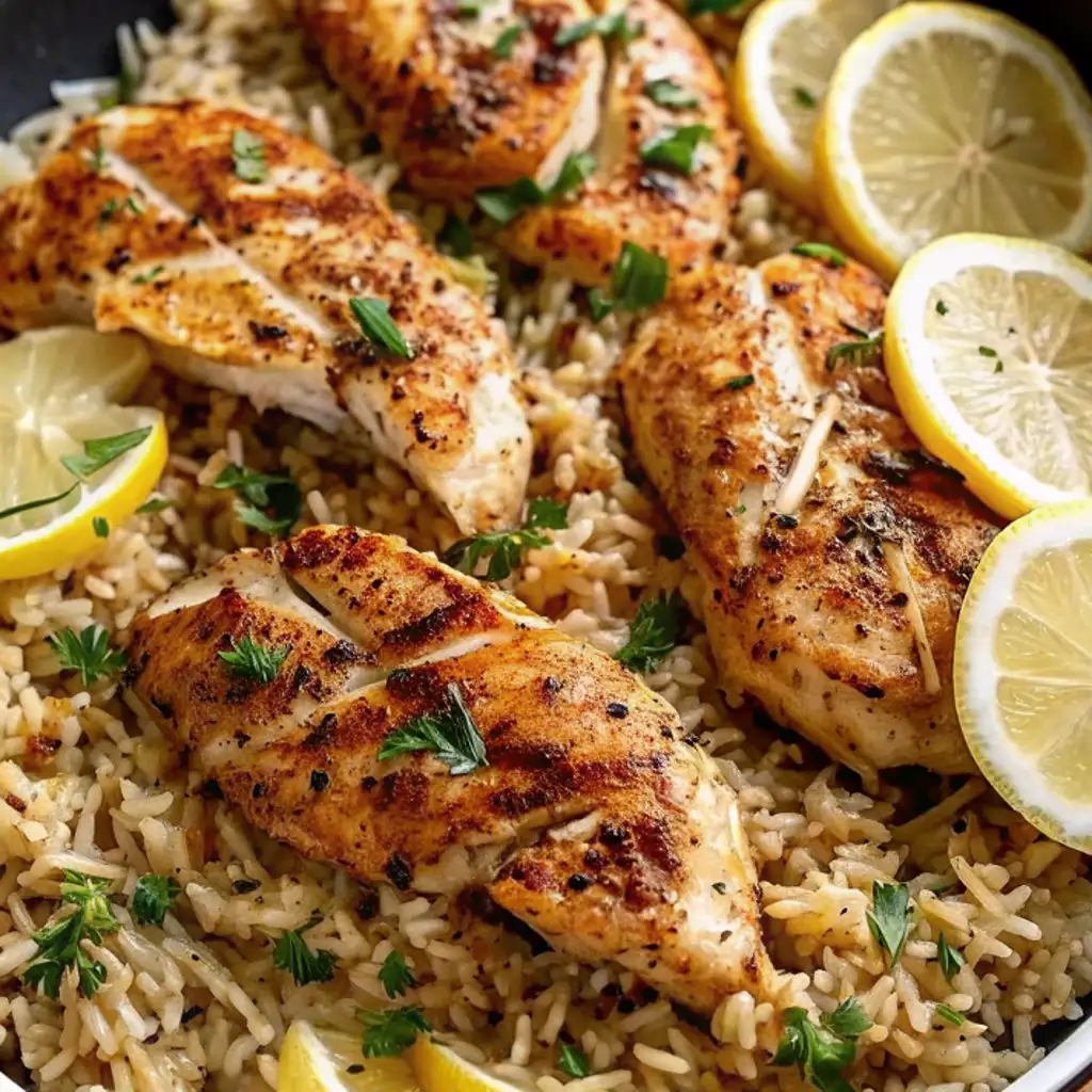 A vibrant meal of lemon and chicken rice, beautifully garnished with fresh parsley and numerous bright lemon wheels tucked between the chicken pieces.
