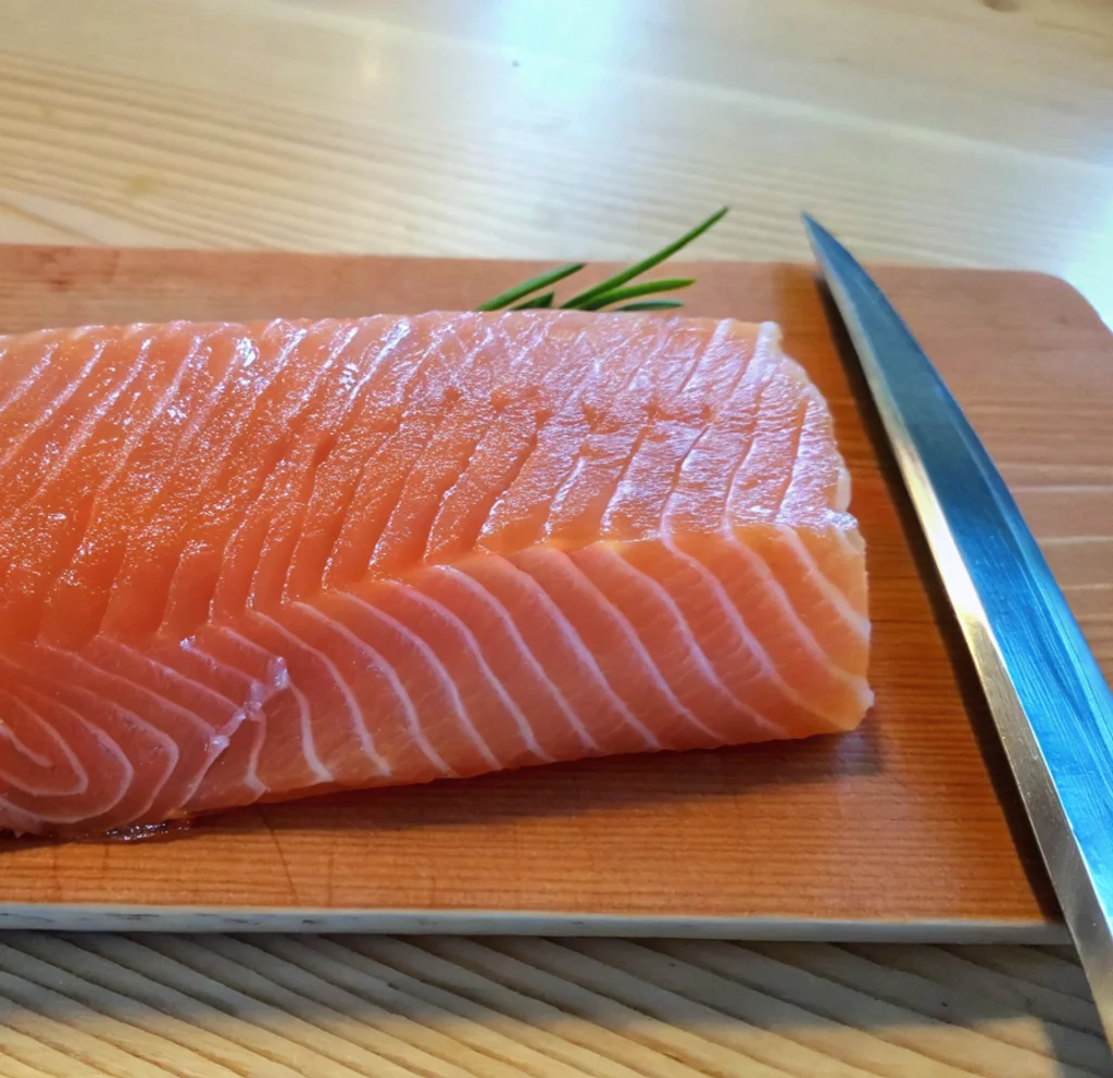 Fresh, vibrant salmon sashimi with distinctive white stripes is served on a light wooden board. Alongside it is a large, sharp knife.