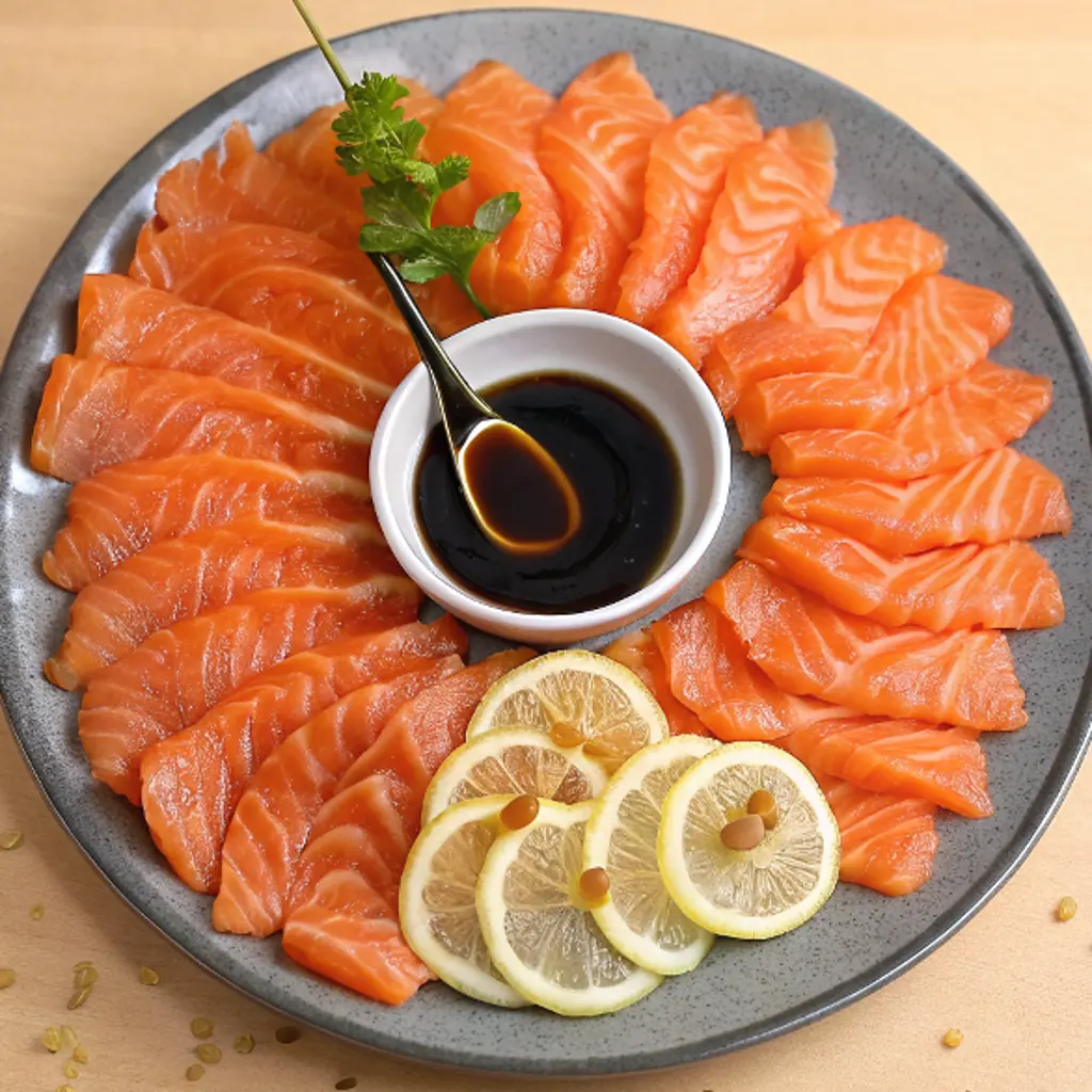 A vibrant platter of thinly sliced, fresh orange salmon sashimi arranged in a circular fan pattern, accompanied by lemon slices, a sprig of parsley, and a central bowl of soy sauce.