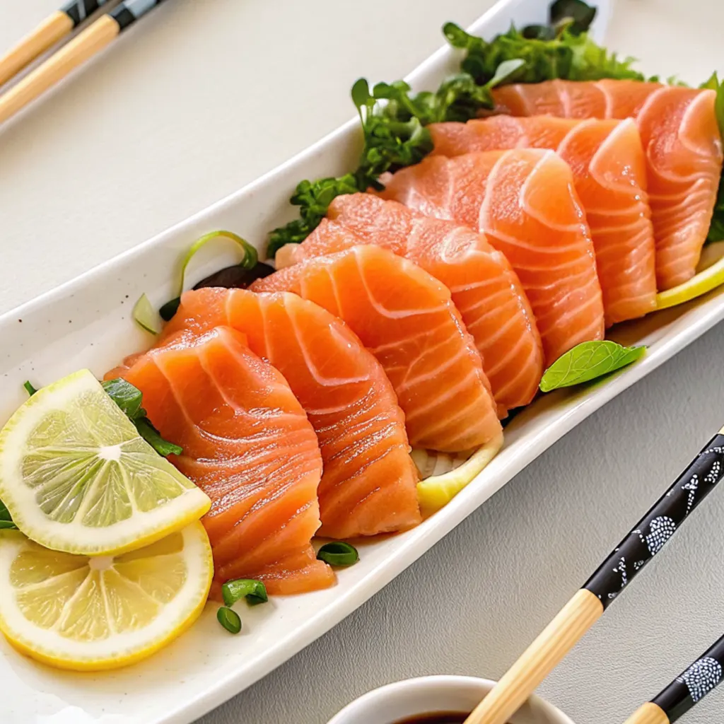 Fresh slices of raw salmon sashimi are elegantly arranged on a long white platter, garnished with lemon slices, vibrant greens, and scallions, accompanied by chopsticks and a side of soy sauce.