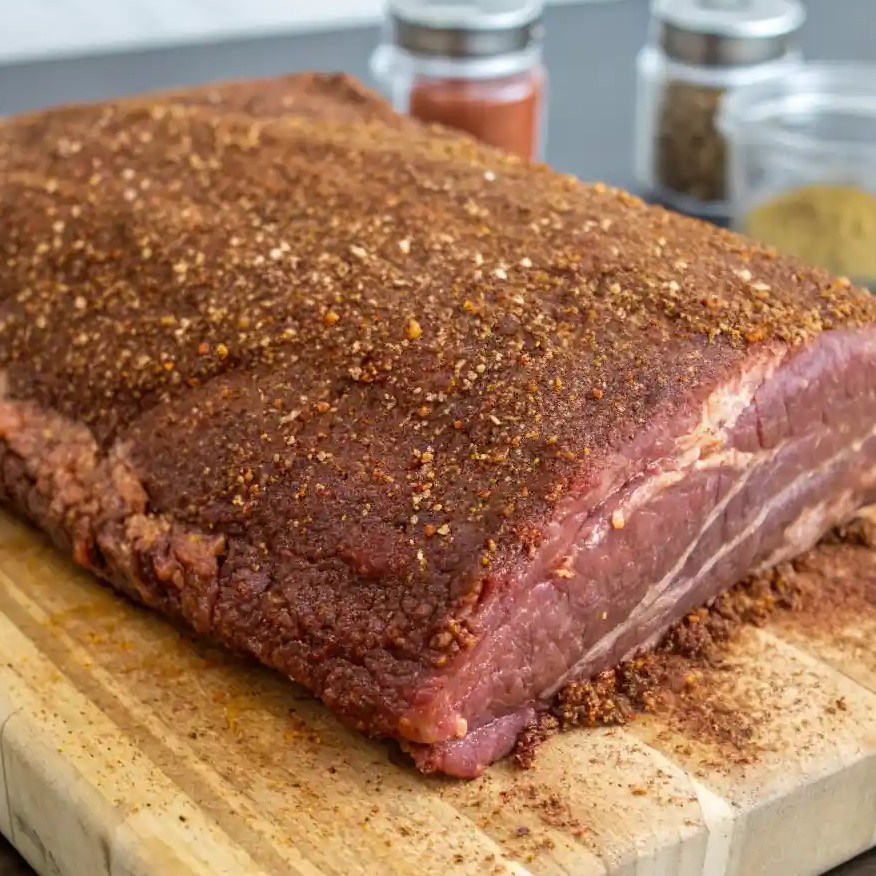 A seasoned raw beef brisket sits on a wooden cutting board, coated in a thick spice rub. for Apple Juice Brisket Injection
