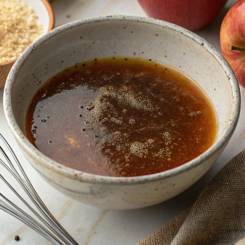 A bowl contains the Apple Juice Brisket Injection, showing a dark amber color with visible spice sediment, placed next to a metal whisk.