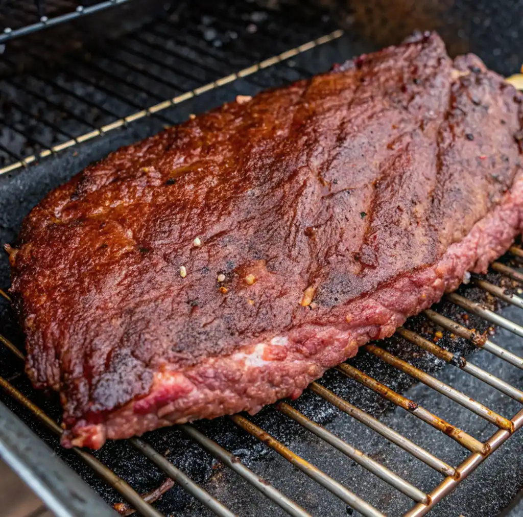 A perfectly smoked brisket with a dark, flavorful bark rests on a metal grill rack, showcasing the juicy results of the Apple Juice Brisket Injection.
