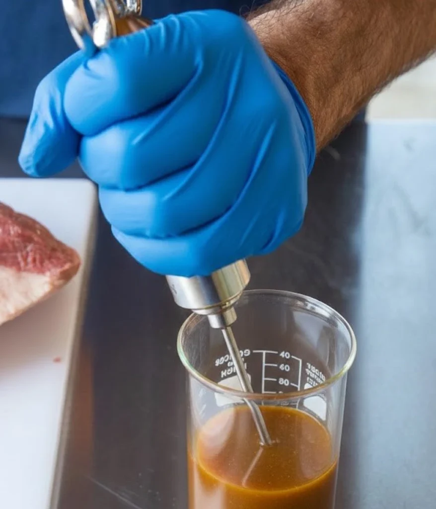 for Award Winning Brisket Injection RecipeA gloved hand holds a stainless steel meat injector, drawing a savory, amber-colored brisket injection liquid from a glass measuring beaker to prep the meat for smoking and flavor enhancement.