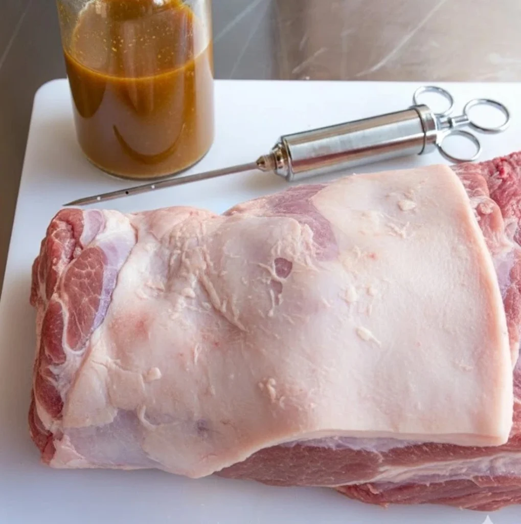 A raw, trimmed brisket rests on a white cutting board next to a jar of golden-brown injection marinade and a heavy-duty stainless steel meat injector, ready for preparation.