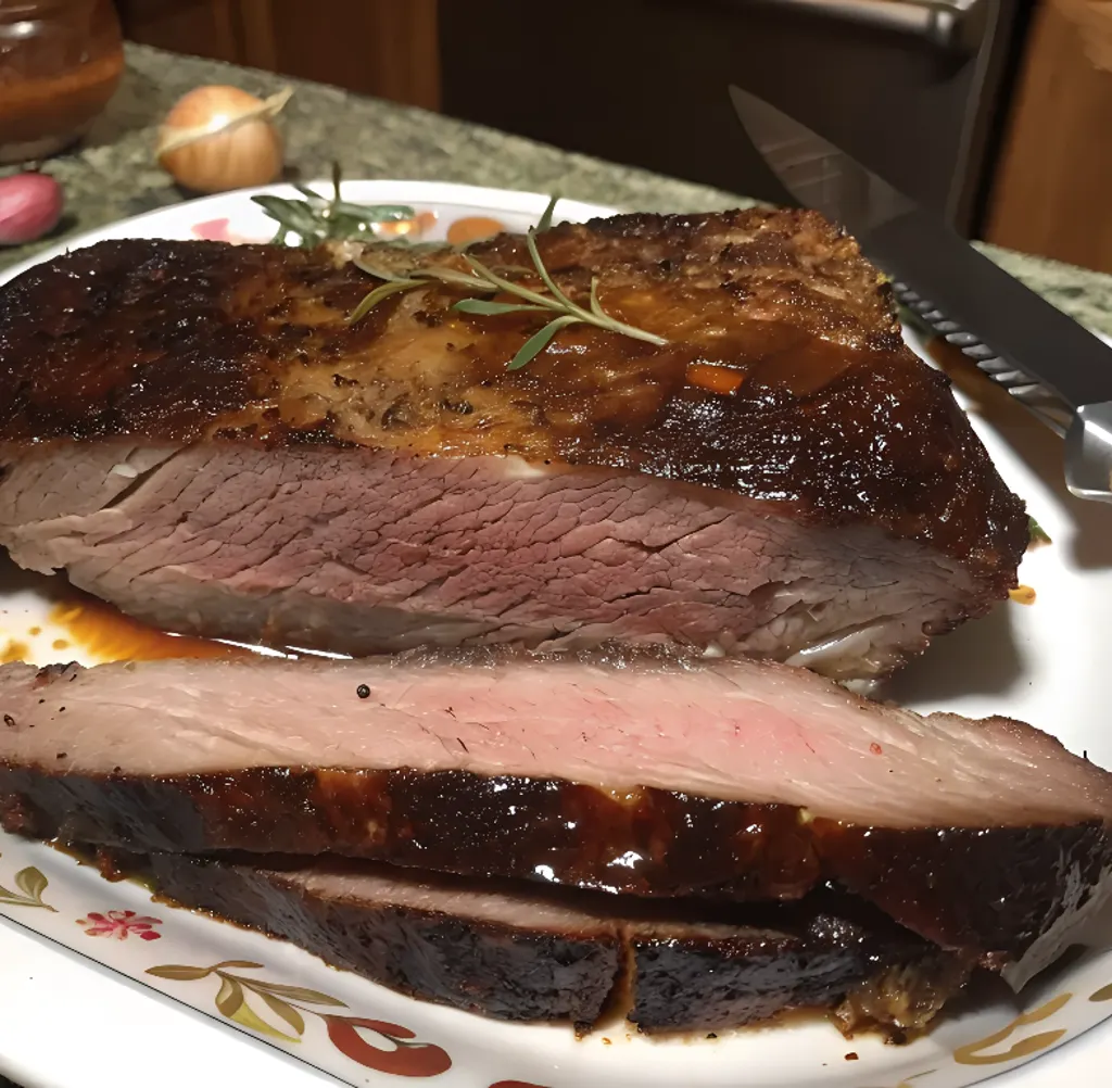 Slices of tender smoked salted brisket on a plate, featuring a dark caramelized crust, tender pink interior, and garnished with fresh rosemary, highlighting the difference Brine vs Inject Brisket.