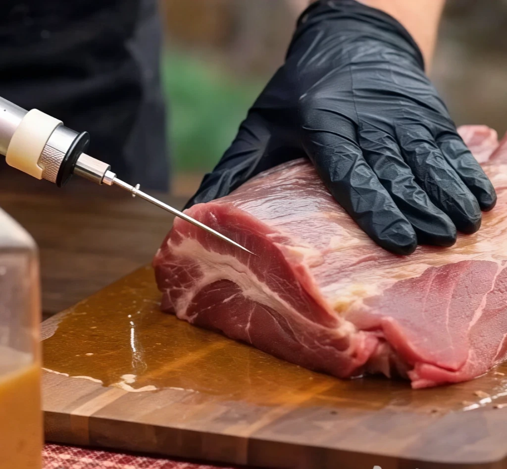 A gloved hand stabilizes a raw brisket on a wooden board while using a metal meat injector to pump flavorful marinade directly into the muscle fibers for maximum moisture.