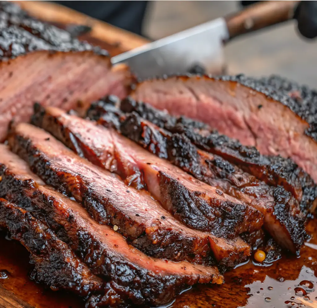 Slices of perfectly cooked brisket with a thick, dark caramelized bark and a tender, juicy interior, showcasing the high-quality finish achieved by these brisket Injection Method techniques.