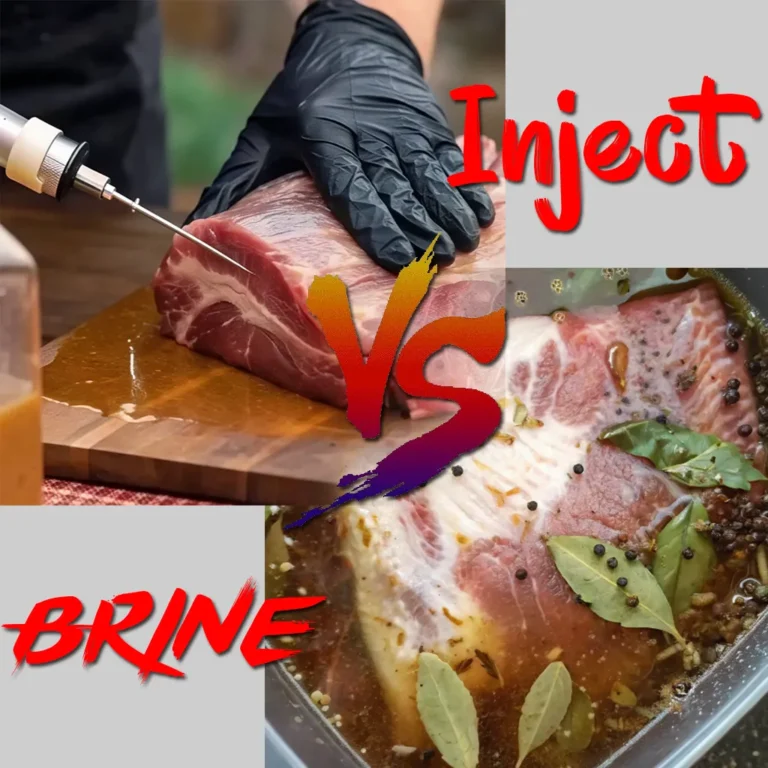 A picture showing the Brine vs Inject Brisket between the Brine meat smoking method and the Inject Brisket method.