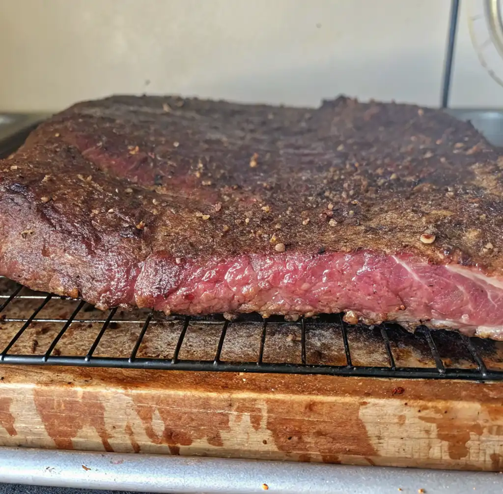 The whole salted beef brisket is placed on a wire rack above a wooden plank. Inside the smoker, the meat develops a dark, seasoned crust and a moist, pink interior during the smoking process.