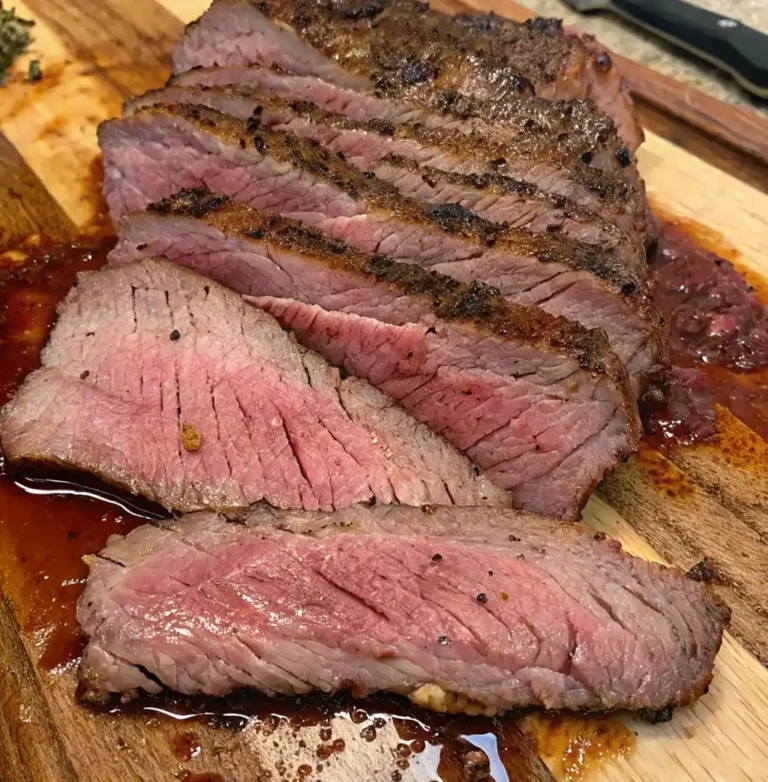 Slices of dry brined brisket rest on a wooden board, showcasing a dark, seasoned crust, tender pink center, and glistening juices. Coarse black pepper and
