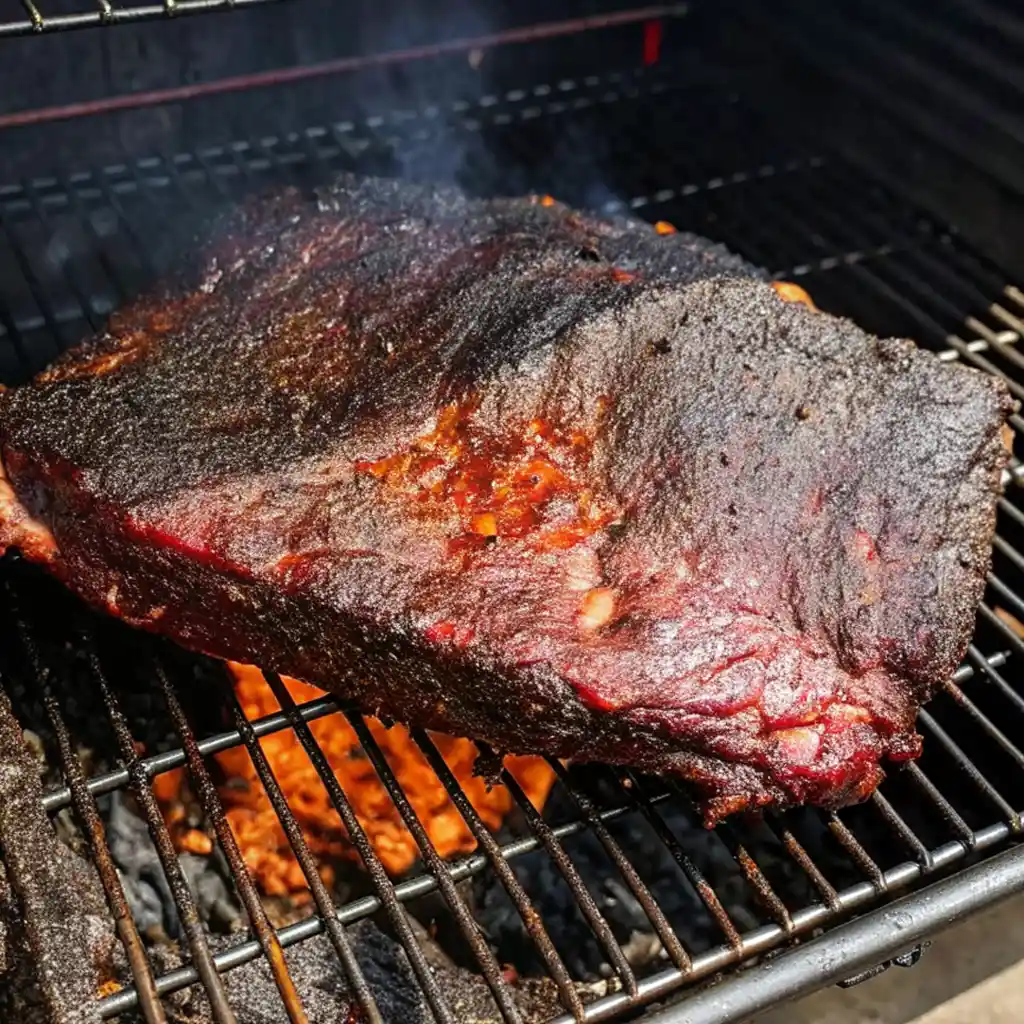 A seasoned beef brisket with a dark, flavorful crust smokes on a metal grill grate. Glowing orange coals burn underneath, releasing light smoke around the tender meat.