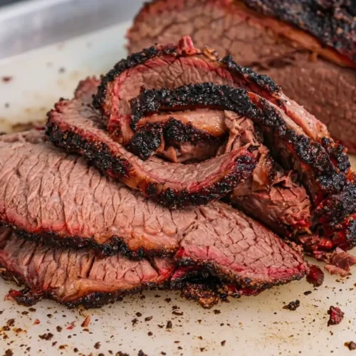 How to Cook Beef Brisket :Tender slices of smoked beef brisket with a prominent pink smoke ring and charred black bark are piled on a white cutting board, showcasing the juicy texture of the meat.