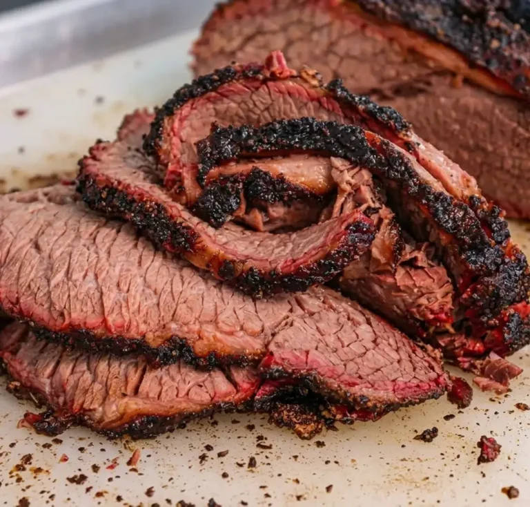 How to Cook Beef Brisket :Tender slices of smoked beef brisket with a prominent pink smoke ring and charred black bark are piled on a white cutting board, showcasing the juicy texture of the meat.