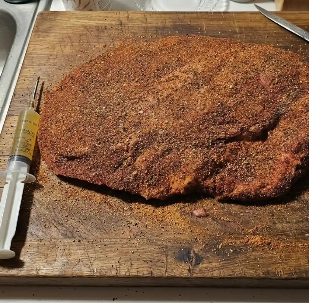 A raw beef brisket heavily coated in a reddish-brown spice rub sits on a wooden cutting board next to a meat injector syringe filled with a yellow liquid marinade.