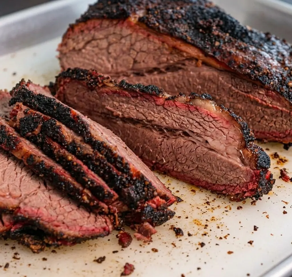 How to Cook Beef Brisket :Tender slices of smoked beef brisket with a prominent pink smoke ring and charred black bark are piled on a white cutting board, showcasing the juicy texture of the meat.