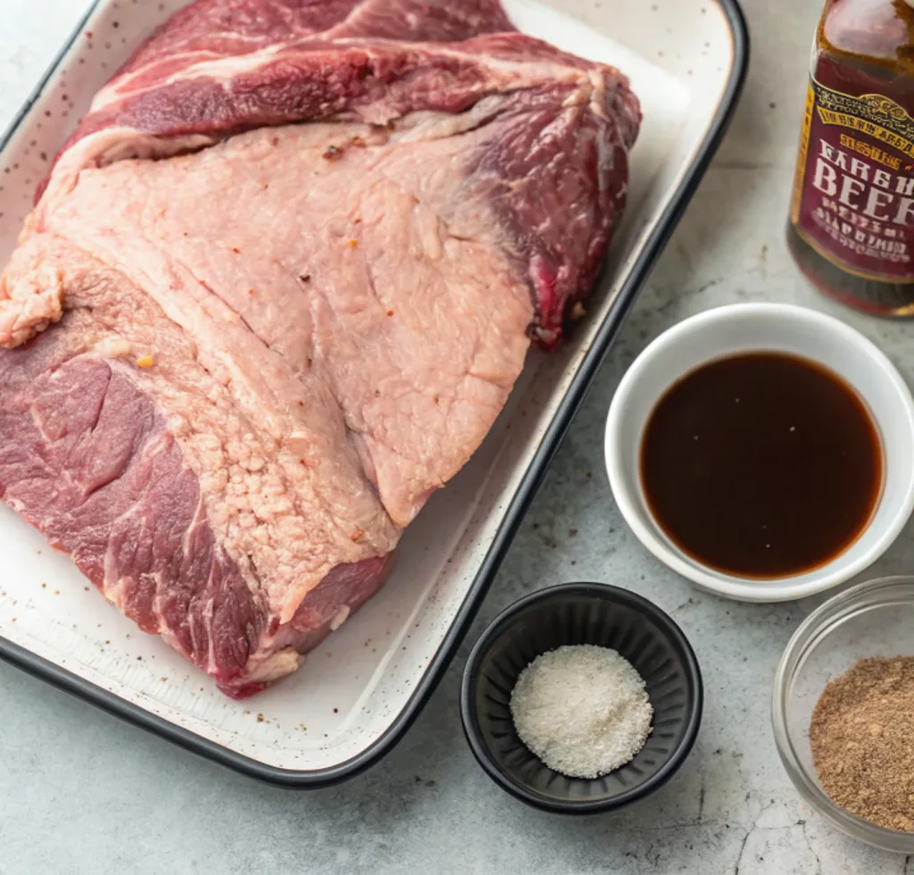 Ingredients List Cook Beef Brisket : A raw, untrimmed beef brisket on a tray surrounded by small bowls of salt, dry rub, and liquid marinade for preparation.