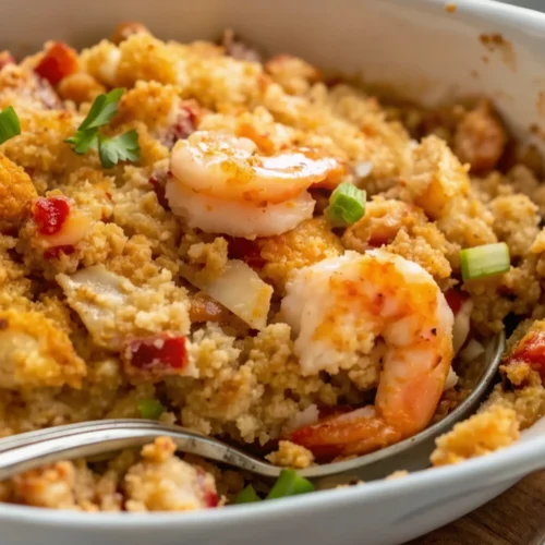 golden-brown Old Fashioned Seafood Dressing featuring succulent shrimp, crumbled cornbread, and red peppers, garnished with fresh green onions and parsley in a white ceramic dish with a serving spoon.