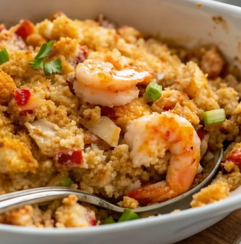 golden-brown Old Fashioned Seafood Dressing featuring succulent shrimp, crumbled cornbread, and red peppers, garnished with fresh green onions and parsley in a white ceramic dish with a serving spoon.