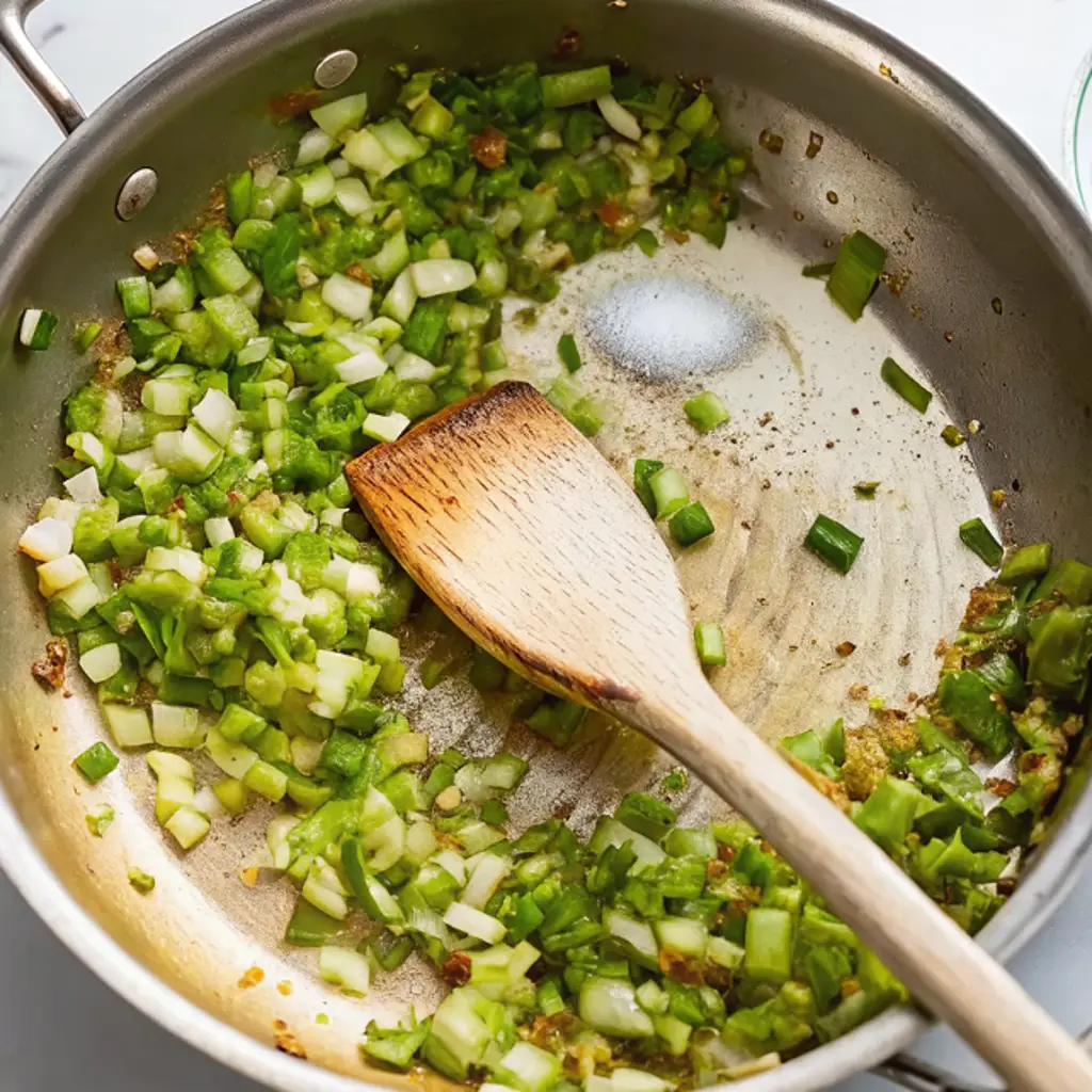 Finely chopped green bell peppers, celery, and onions sauté in a stainless steel skillet with a wooden spatula. A small pile of salt sits ready to be stirred in.