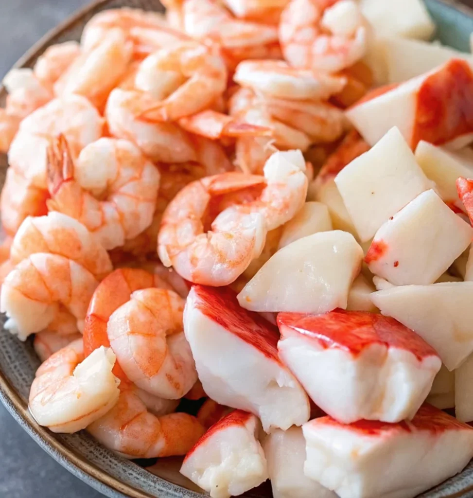 A bowl filled with, peeled pink shrimp and large chunks of white and red imitation crab meat, prepared as fresh ingredients for a seafood dressing recipe.