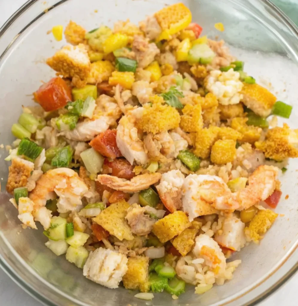 A glass mixing bowl containing the seafood dressing components: shrimp, crab, and cornbread cubes tossed with diced green bell peppers, onions, and celery before being baked.