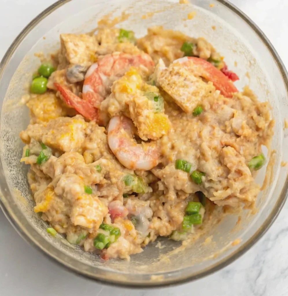 Seafood sauce ingredients in a glass bowl, mixed with broth to form a thick, moist consistency containing shrimp pieces and chopped green vegetables.