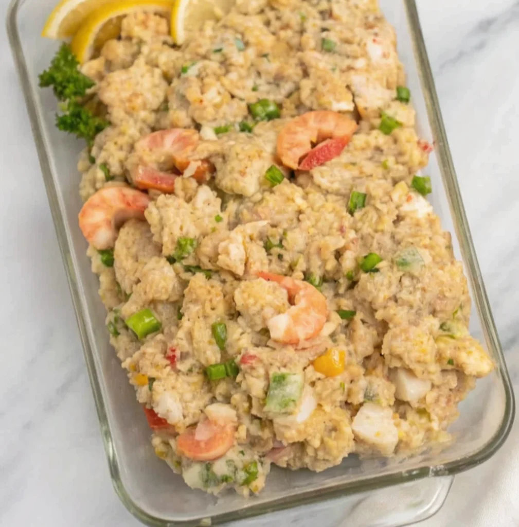 The thick, moist seafood dressing mixture is spread evenly into a rectangular glass baking dish, garnished with fresh lemon wedges and green herbs, ready for the oven.