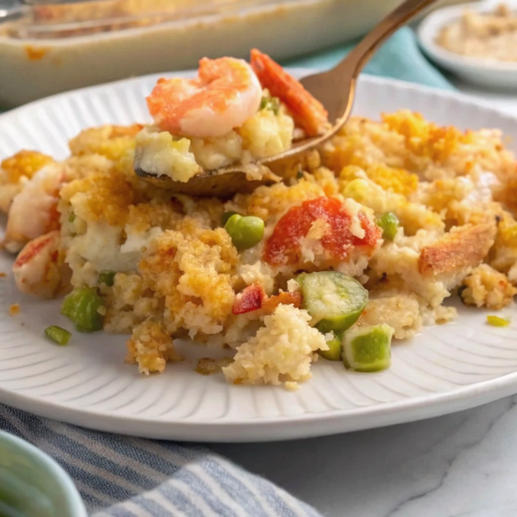 A serving of golden-brown Shrimp and Crab Seafood Dressing on a white plate, featuring visible shrimp, crab, and peas, garnished with a lemon wedge and fresh dill.