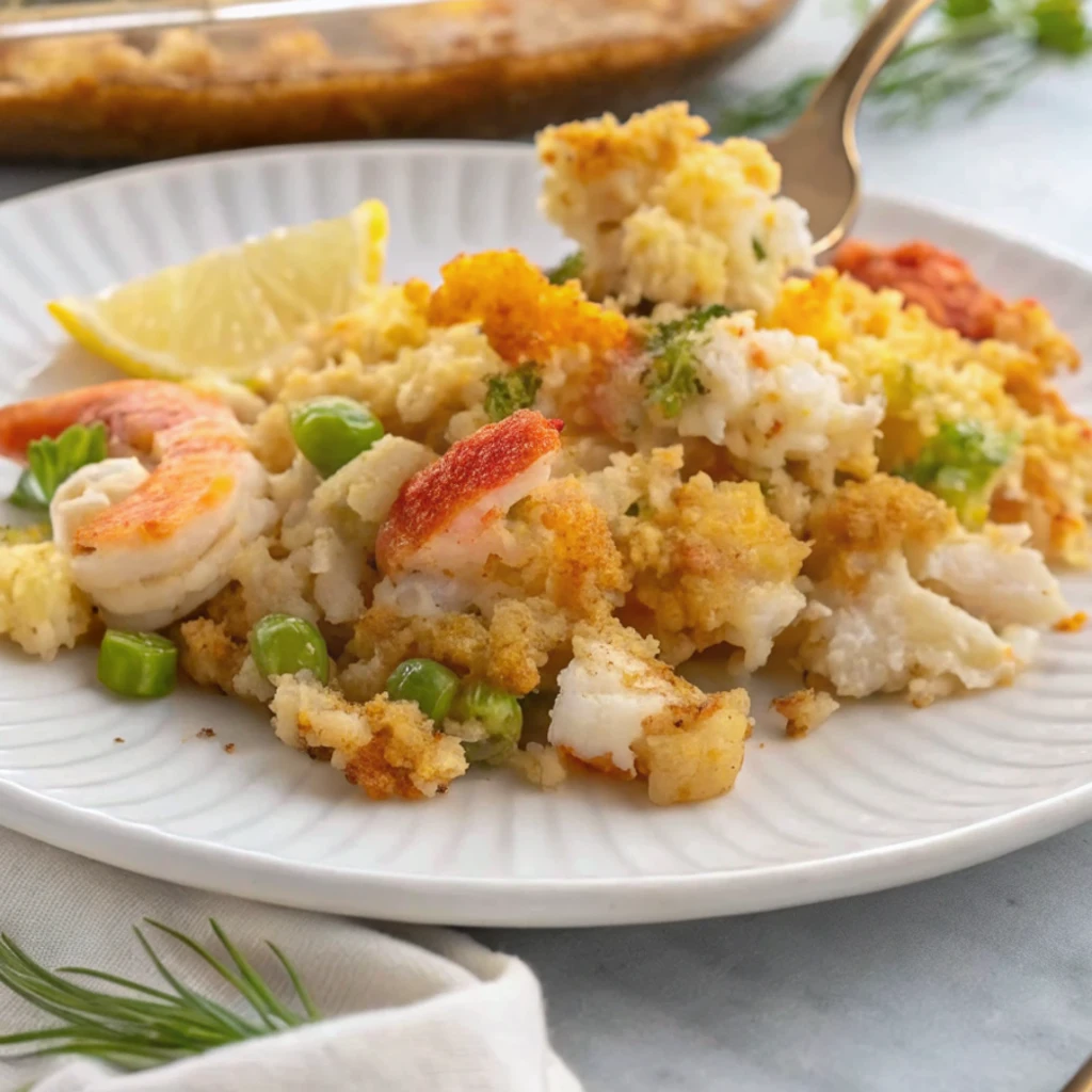 A serving of golden-brown Shrimp and Crab Seafood Dressing on a white plate, featuring visible shrimp, crab, and peas, garnished with a lemon wedge and fresh dill.