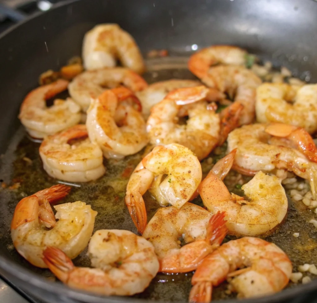 Seasoned pink shrimp sear in a dark skillet with shimmering oil and minced garlic, developing a golden-brown crust and deep flavor