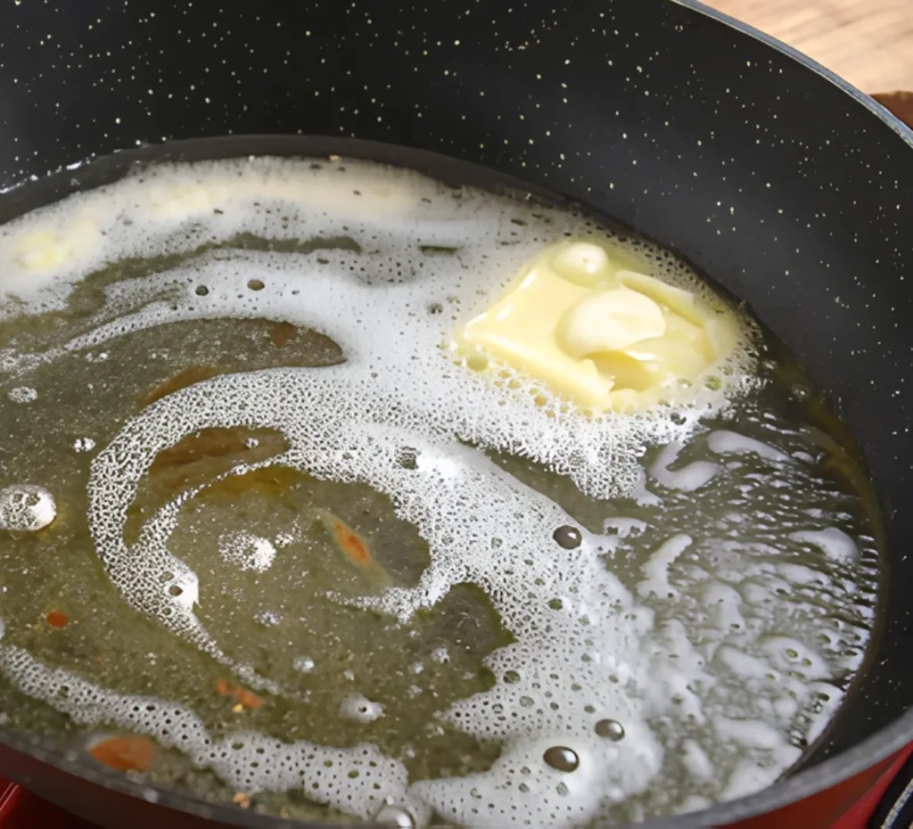 butter melting and foaming in a dark, speckled skillet, beginning the base for a rich and flavorful Southern seafood dressing recipe.
